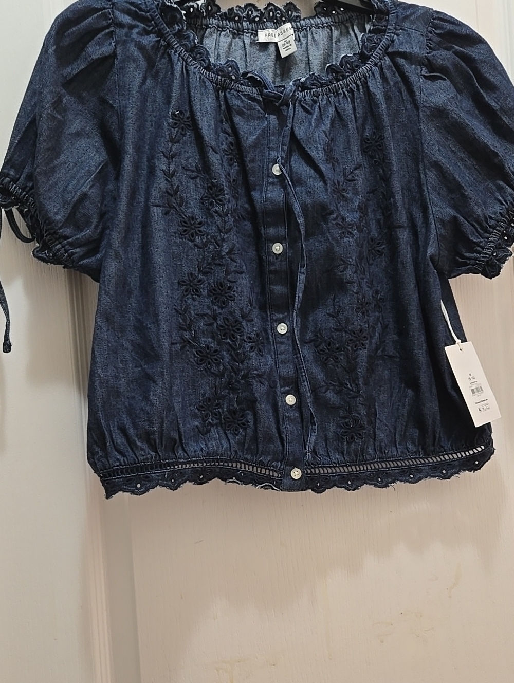 Angie Dark Indigo Embroidered Denim Peasant Blouse